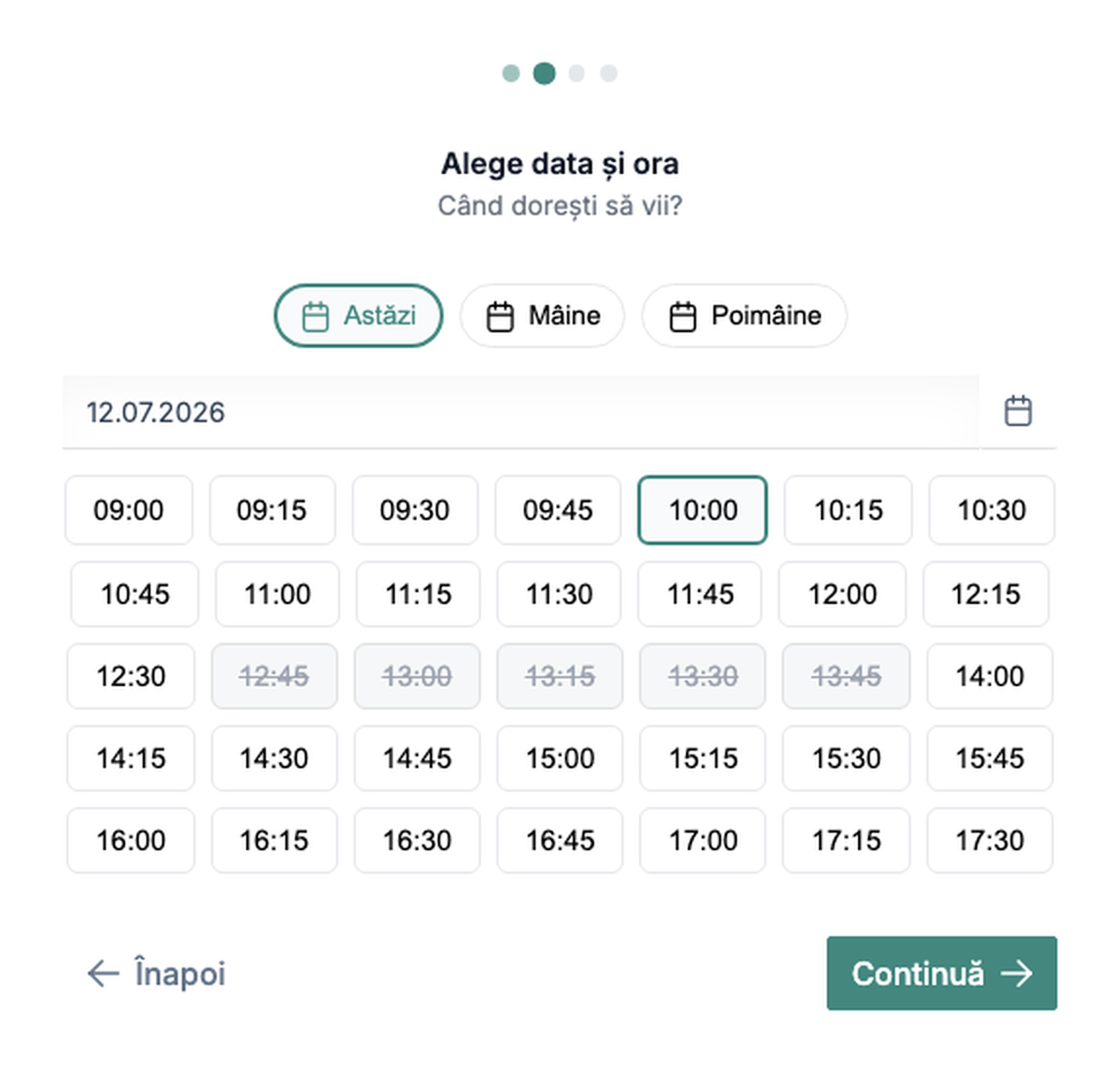 Pagina publică de programare online Quanty, cu servicii și ore disponibile
