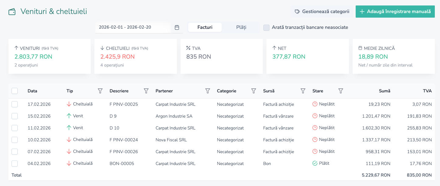 Captură din platforma Quanty pentru evidență financiară și operațională