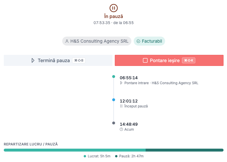 Pontare cu client asociat și marcaj facturabil în widgetul de pontaj Quanty